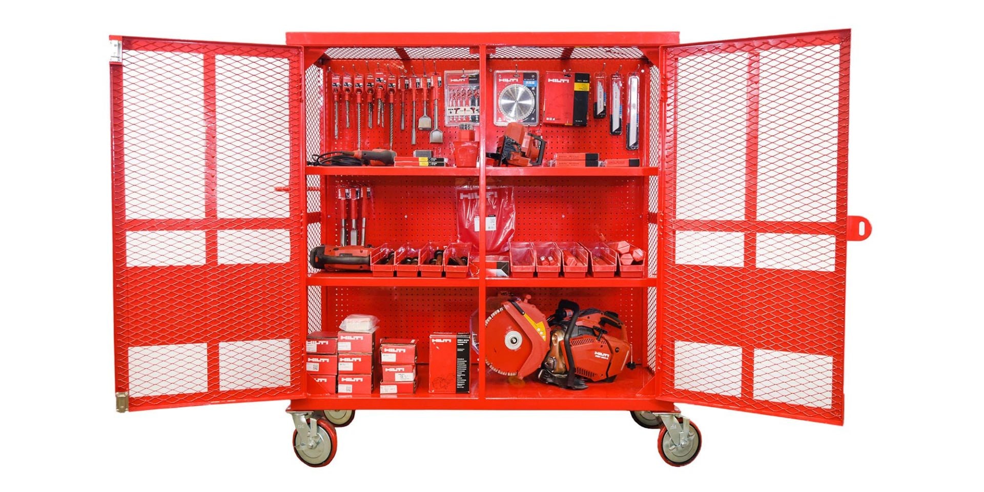 open consumable tool cart with hilti products inside