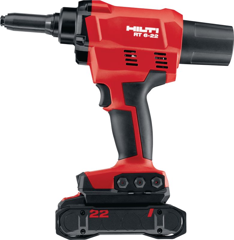 RT 6-22 cordless rivet tool Cordless rivet tool for rapid, low-effort cladding installation and metal fabrication using steel or aluminium rivets (Nuron battery platform)