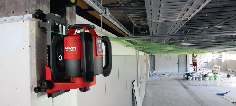 PR 3-HVSG Robust, green-beam rotating laser suitable for all interior applications such as height transfer, leveling suspended ceilings, aligning drywall and squaring Applications 1