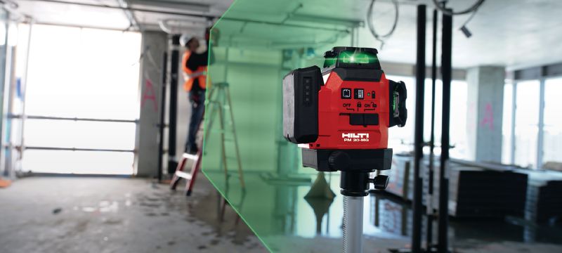 PM 30-MG Multi-line laser level Compact multi-line laser - 3x360° self-levelling green lines for faster levelling, aligning and squaring (12V battery platform) Applications 1